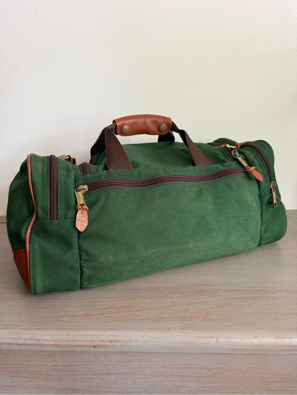 Vintage LL Bean Green Continental Weekender Duffle Bag Canvas Leather Mono CHUCK